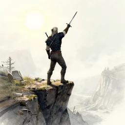 the witcher standing at the edge of a cliff with his sword pointing up to the sun, artstation, detailed sketch