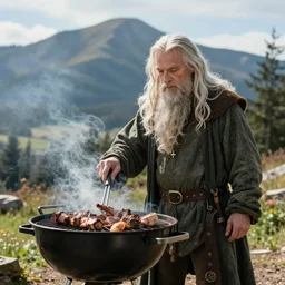 gandalf from lord of rings enjoying his time in a barbecue day, sunlight, natural lighting, nature, mountain, barbecue, professional photography, 5 0 mm lens w - 1 0 2 4