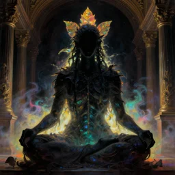 a close - up view portrait of a silhouetted plant monster meditating with iridescent glow - fi baroque neoclassicist halls. detailed textures. glowing colourful fog, dark black background. highly detailed fantasy fiction painting by moebius, norman rockwell, frank frazetta, and syd mead. rich colors, high contrast. artstation