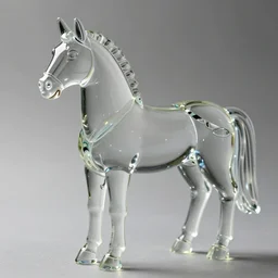 a beautiful horse made of glass, realistic, natural lighting,