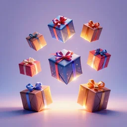 photo still of wraped gift boxes floating above the ground, glowing with colorful lights, 8 k, studio lighting bright ambient lighting key light, 8 5 mm f 1. 8