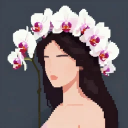 orchid girl. heavily stylized pixel art piece by award - winning pixel artist, cinematic lighting, 6 4 bit, minimalism, alphonse mucha, clamp.