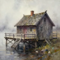 paint brush strokes, abstract watercolor painting of rustic jetty house, viking age, fog, ambient lighting, art by hans dahl, by jesper ejsing, art by anders zorn, wonderful masterpiece by greg rutkowski, cinematic light, american romanticism by greg manchess, creation by tyler edlin