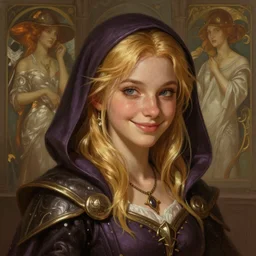 an epic fantasy comic book style portrait painting of a young blonde girl thief, d & d, fantasy, joyful smirk, intricate, elegant, digital painting, artstation, concept art, matte, sharp focus, illustration, art by artgerm and greg rutkowski and alphonse mucha, 8 k