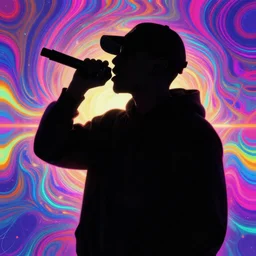 rapping into microphone silhouette, digital art, vaporwave, hip hop, psychedelic, surreal, trending on Artstation, professional artist, detailed, 4k