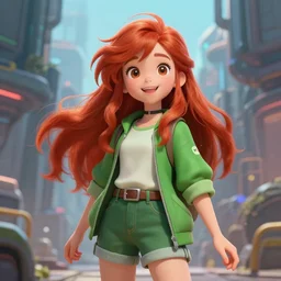 beautiful cute red haired joyful and playful eighteen year old young girl standing up, casual green clothing, long hair, cyberpunk city, cute smiling face, rpg character, sci - fi, intricate, elegant, digital painting, artstation, concept art, smooth, 8 k frostbite 3 engine, ultra detailed, art by artgerm and greg rutkowski and magali villeneuve