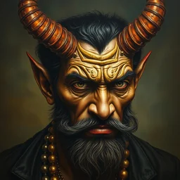 highly detailed potrait of 8 0's brown srilankan man as devil baroque style, painting by james jean, craig mullins, j. c. leyendecker, lights, art by ernst haeckel,