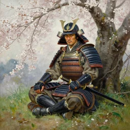 an oil painting of a male samurai warrior wearing armor while sitting under a cherry tree with white blossoms, nearby a katana lies on the grass. detailed face, foreground ground, greg rutkowski, edward robert hughes, tony sart