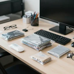 Typical office desk, but every item is shrink wrapped