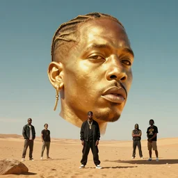 an art commission of a giant puffed up golden head of travis scott standing in thr middle of a desert, character design by charles bowater, greg rutkowski, ross tran, hyperdetailed, hyperrealistic, 4 k, deviantart, artstation, professional photography, concept art, art by notchalla
