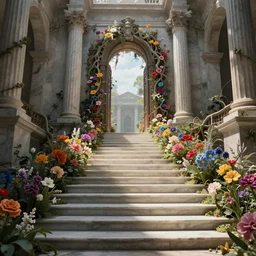 matte sharp ainting of marble steps fantasy leading do a fantasy gate opening flowers, roots ruins along the steps, artstation behance by emilia dziubak, will terry, greg olsen, chris mars, ann long, and mark brooks, lisa frank, dramatic, neo classical architecture, colorful