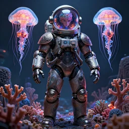 cyberpunk coral cyborg brain jellyfish, highly detailed, a cyberpunk astronaut, stunning atmosphere, symmetrical fullbody, and the helmet is fishbowl, hyper detailed, masterpiece, ornate dark, suehiro moaruo, katsuhiro otomo, shintaro kago, cgsociety, octane render, ambient light