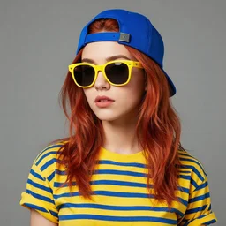a 4 k photorealistic photo medium shot of a punk girl with auburn hair wearing yellow sunglasses, a blue backwards cap, and a yellow and blue stripes shirt.