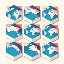 isometric vintage analog polaroid photography of seperate pieces of land tiles, 8k, red color bleed, azure tones