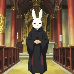 a man wearing priest clothes and a white rabbit mask standing in an Japanese church, anime film still from the an anime directed by Katsuhiro Otomo with art direction by Salvador Dalí, wide lens