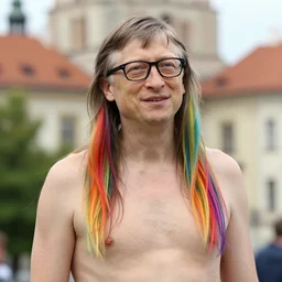 real photograph, bill gates rainbow long hair, shirtless, in legnica, photo mid shot