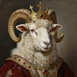 anthropomorphic sheep queen, crown, oil on canvas, intricate, portrait, 8 k highly professionally detailed, hdr, cgsociety