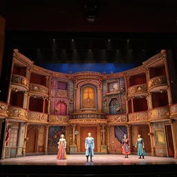 photo of a huge theaterstage, play is rosenkavalier, 3 actors on stage, 8 k, multicolored, exaggerated detailed, long shot