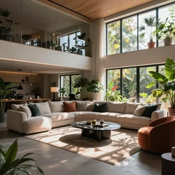 4 k dslr photo of a elaborate modern living room, beautiful furnishings and house plants, dramatic lighting, volumetric lighting, deep colors, reflections, shadows, sunbeams, atmosphere, vibe, raytracing, very detailed, gigapixel