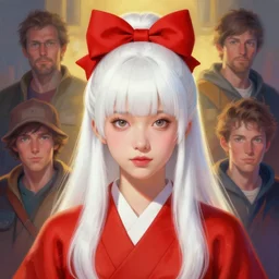 centered painted portrait, a japanese princess young lady, with white hair and bangs with a red with a red bow tied in her hair!!!!, D&D, matte painting concept art, beautifully backlit, official fanart, colourful, by and ilya kuvshinov and Cushart Krentz and Gilleard James, 4k, HDR, Trending on artstation, Behance, award winning, WHITE HAIR!!!!!!!!