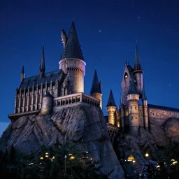 harry potter hogwarts castle. beautiful, majestic, sky like starry night. wide angle shot. artgerm style, concept art