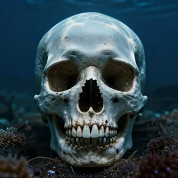 skull at the bottom of the ocean, low quality