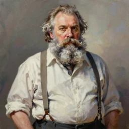 palette knife oil painting portrait of professor clay, middle - aged, thickset, with a barrel chest, arms like logs, and an impressive, voluminous, salt - and - pepper beard. his eyes are almost black, but they seem to smolder like embers. he dresses formally in his dress shirt and suspenders, with his sleeves rolled up and his tie loosened. extreme detail. any racial background, artstation trending, artgerm, deviant art, octane, substance, art history 8 k