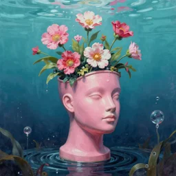 a surreal vaporwave vaporwave vaporwave vaporwave vaporwave painting by Thomas Cole of an old pink mannequin head with flowers growing out, sinking underwater, highly detailed
