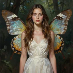 full body portrait of dove cameron with two butterfly wings, ultra realistic. elegant, highly detailed, digital painting, detailed face, 8 k, forest background. artstation, ultra realistic. elegant, artstation, in the style of artgerm, donato giancola, joseph christian leyendecker, wlop and boris vallejo