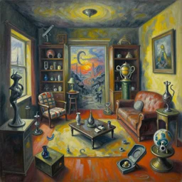 a painting of a confusing room filled with unusual artifacts, an airbrush painting by breyten breytenbach, cgsociety!, neo - primitivism, dystopian art,! apocalypse landscape!!