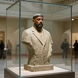 a granite statue of dj khaled, inside of a large glass display inside of a museum, photograph