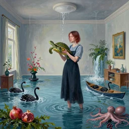 tall emo female artist holding a turtle in her flooded apartment, seaweed, pomegranates, octopus, water gushing from ceiling, painting of flood inside an artist's apartment, a river flooding indoors, ikebana, zen, rapids, waterfall, black swans, canoe, berries, acrylic on canvas, surrealist, by magritte and monet