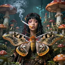A centered chest up portrait of a psychedelic godlike atlas moth smoking a hand-rolled cigarette smoking heavily , magic mushroom village in background , award winning. superb resolution. in the art style of junji Ito and greg rutkowski . Detailed Mushroom city in background. Hyper realistic anime. Perfect art. Dalle2