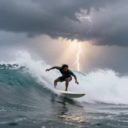 a wide angle dynamic action photo of a black man with dreadlocks surfing in a thunderstorm, large violent waves, by clark little, radiant light