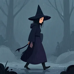 really old witch, walking through heavy rain, melancholic, sad, lots of raindrops, clean cel shaded vector art. shutterstock. behance hd by lois van baarle, artgerm, helen huang, by makoto shinkai and ilya kuvshinov, rossdraws, illustration,