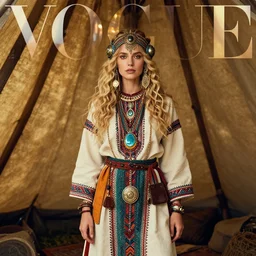 vertical photo of polish female inside of primitive tent, blonde, curly hair, symmetrical beautiful face, cyberpunk decorations and jewelry, native costume, standing in the primitive tent, fashion editorial photography, hyperrealistic, from vogue magazine, reflections, refraction, gold, teal, orange