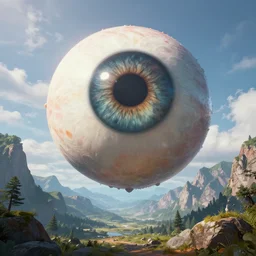 a high - fantasy unreal - engine 5 render of a giant eye ball in the sky in a mountain scape. detailed. beautiful.
