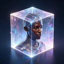 symmetry!! african prince of technology, solid cube of light, hard edges, product render retro - futuristic poster scifi, lasers and neon circuits, brown skin man african prince, intricate, elegant, highly detailed, digital painting, artstation, concept art, smooth, sharp focus, illustration, dreamlike, art by artgerm