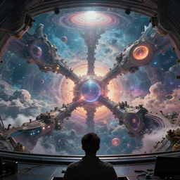 DMT hyperspace portal nexus central station viewed from operator POV, enormous portals to heaven and hell can be seen, fantasy art