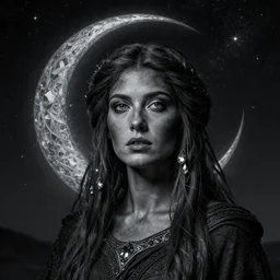 charcoal diamond portrait of the Celtic moon queen, under starry night, realistic, extremely detailed