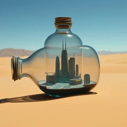 cyberpunk city hidden inside of a bottle, in the desert, photo realism, f / 1. 9 6. 8 1 mm iso 4 0