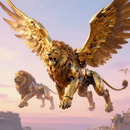 the ancient world, hyper complexity, highly detailed, cinematic lighting, pastel colored sunrise, flying robotic lions with gold metal huge wings in the sky, sharp outlines, hyperrealistic, trending on pixiv fanbox, love death robot,