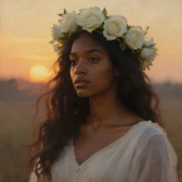 oil painting close up portrait of a contemplative young black woman with long flowing hair in a white dress, wearing a crown of white roses!! at sunset, hazy, digital art, chiaroscuro, artstation, cinematic, golden hour, concept art, digital art painting by greg rutkowski, william - adolphe bouguereau, hazy atmosphere, cinematic lighting, flowers