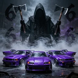 the grim reaper looming, detailed, vhscore, smoke fog mist, japanese kanji, 6 6 6 triplesix purple drift cars, drugcore, terrorcore, sinister, knives, hatchet, axe, serial killer