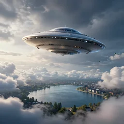a flying saucer over copenhagen. dramatic lighting. beautiful scenery. cloudscape. aliens. octane render, dramatic lighting, lake, ultra clear detailed. digital art, by stanley artgerm lau, greg rutkowski, thomas kindkade