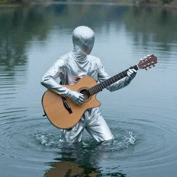 guitarist playing a guitar made of water, with silver clothing surrounded by water particles above a serene pond, fantasy concept art by j. dickenson
