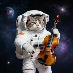 a cat astronaut in space, holding a violin, nebula