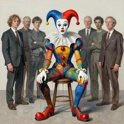 half figure portrait of a morphed harlequin sitting on a stool by james jean and luc tuymans and vincent lefevre and hernan bas and pat steir and hilma af klint, psychological, dripping paint, high quality render, masterpiece