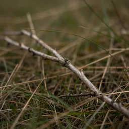 very realistic close - up of a dried branch and grass in a forest, canon 5 d, 2 5 mm