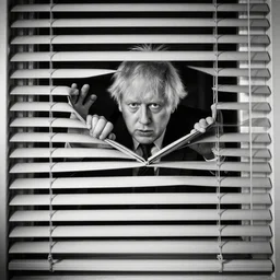 window blinds in a house being pulled back to reveal a terrifying boris johnson staring at you through the window with his hand on the window, horror, black and white